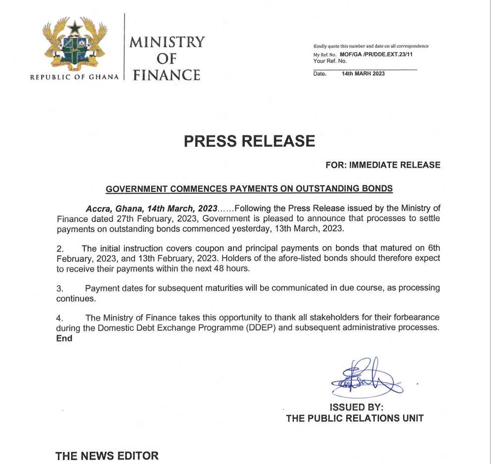 Government begins payments on outstanding bonds Government begins payments on outstanding bonds