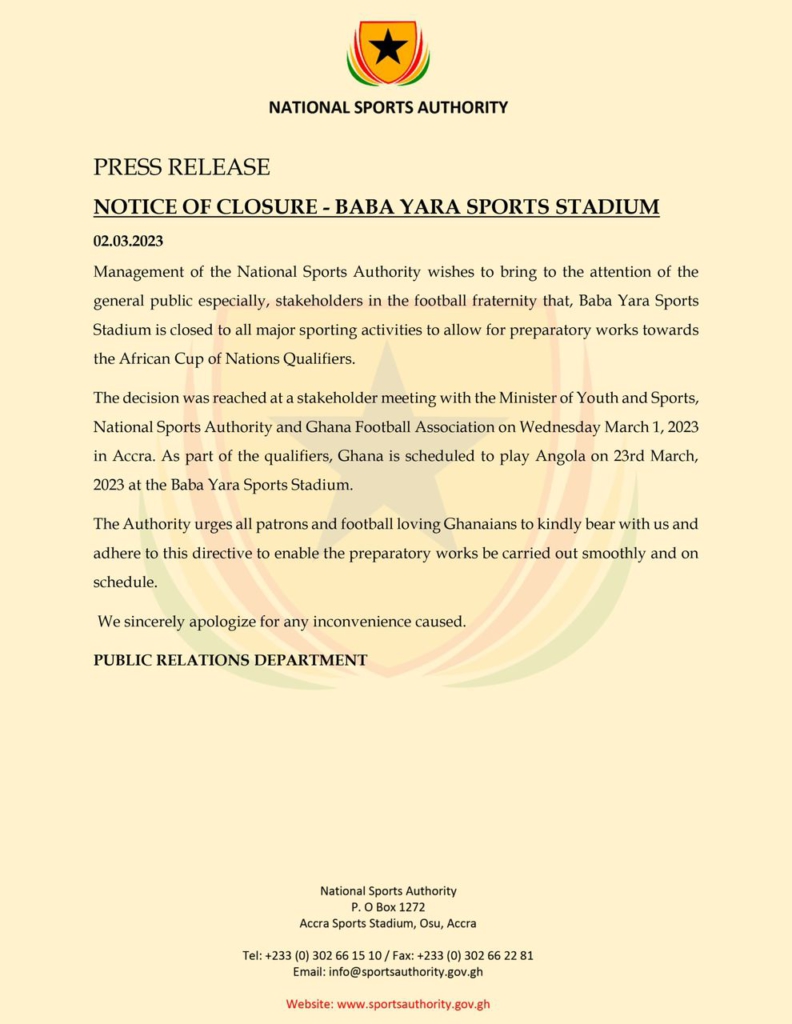 AFCON 2023 Qualifier: Baba Yara Stadium closed for pitch maintenance
