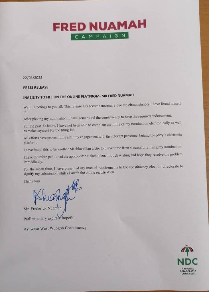 Fred Nuamah suspects foul play amid struggle to file nomination forms Fred Nuamah suspects foul play amid struggle to file nomination forms