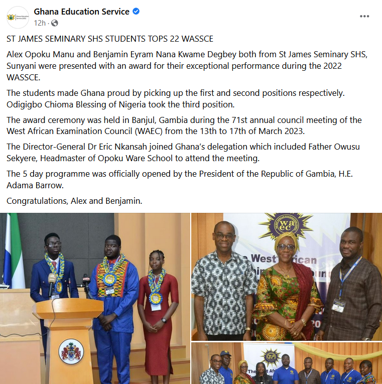 2 Ghanaian students honoured after topping West Africa in 2022 WASSCE