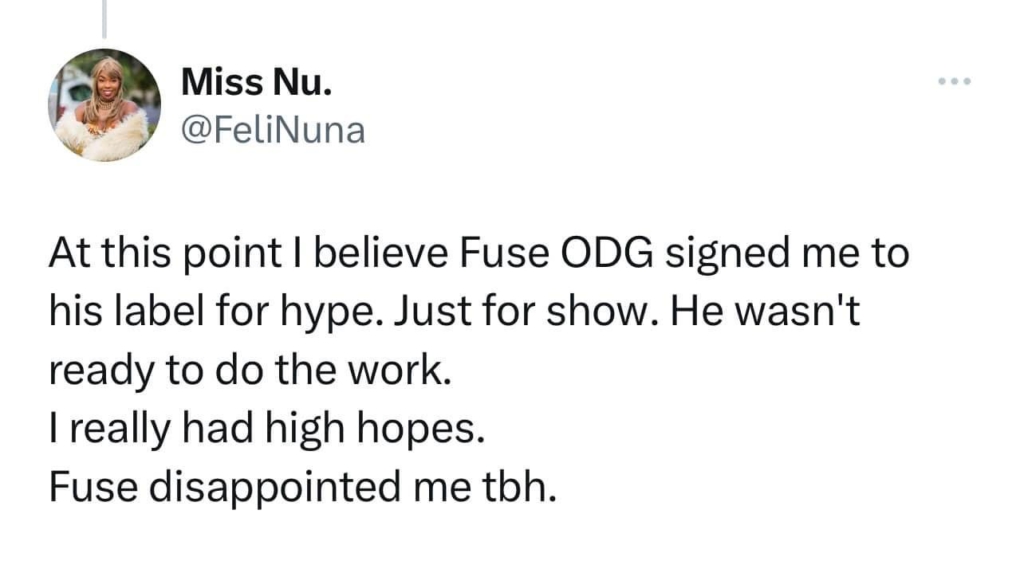 Fuse ODG disappointed me; he signed me for hype - Feli Nuna 