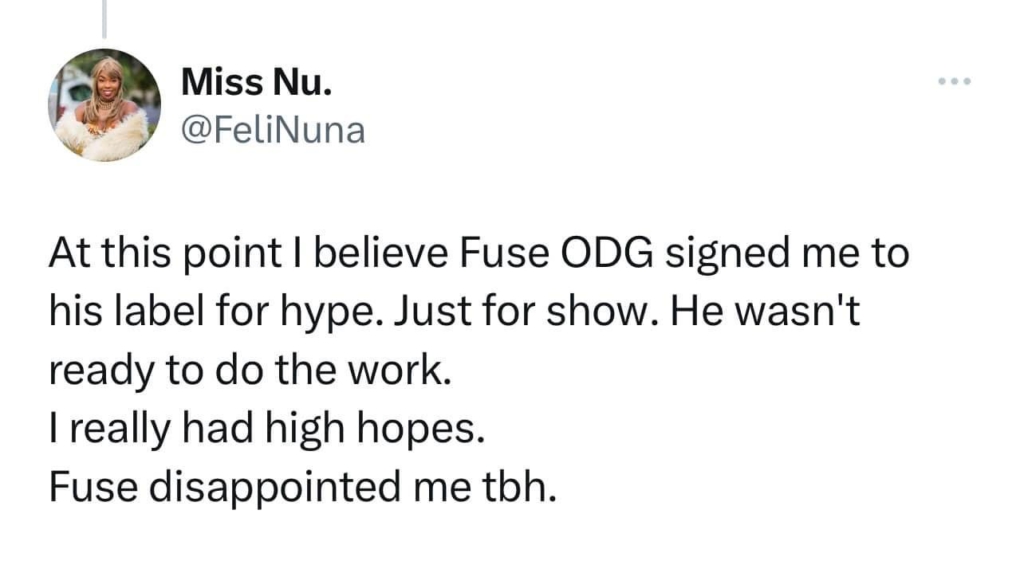 Fuse ODG disappointed me; he signed me for hype - Feli Nuna Fuse ODG disappointed me; he signed me for hype - Feli Nuna