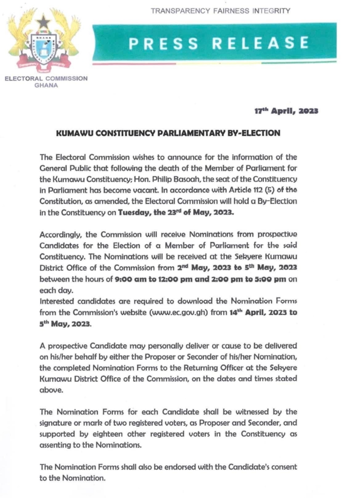 EC announces Tuesday, May 23 to hold Kumawu by-election