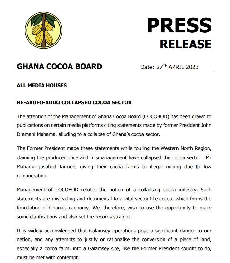 COCOBOD refutes Mahama's claim cocoa industry is dying, says Ghana is world's 2nd highest producer