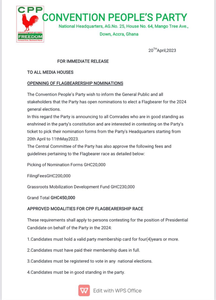 CPP opens nominations for flagbearer; aspirants to pay GH¢450k for successful application CPP opens nominations for flagbearer; aspirants to pay GH¢450k for successful application