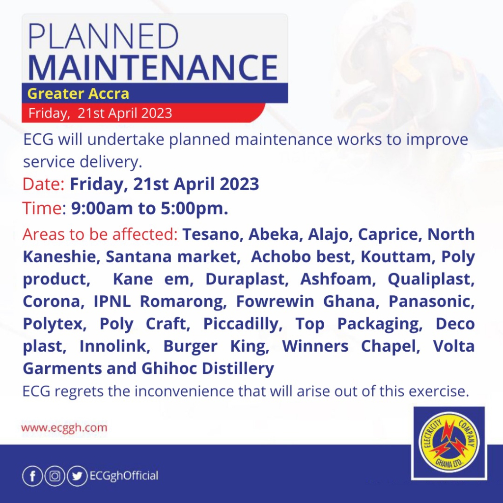 ECG to undertake planned maintenance in parts of Accra on Friday