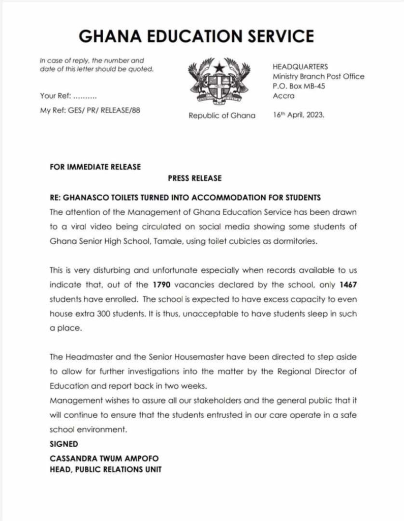 GHANASCO headmaster asked to step aside as GES investigates use of ‘toilet cubicles’ for accommodation GHANASCO headmaster asked to step aside as GES investigates use of ‘toilet cubicles’ for accommodation
