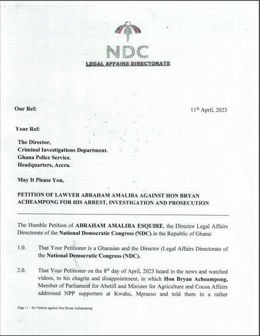 NDC petitions CID, IGP over Bryan Acheampong's comments