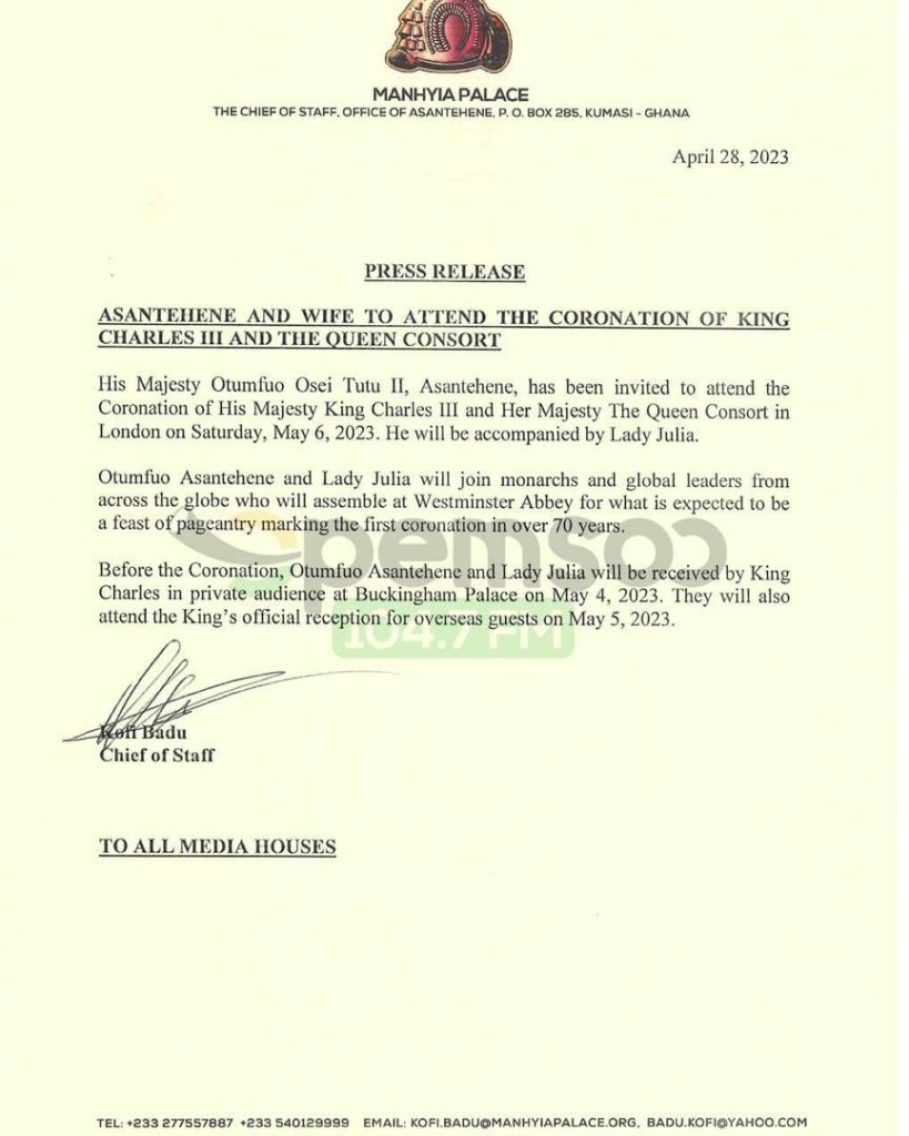 Asantehene and wife to attend King Charles III’s coronation on May 6