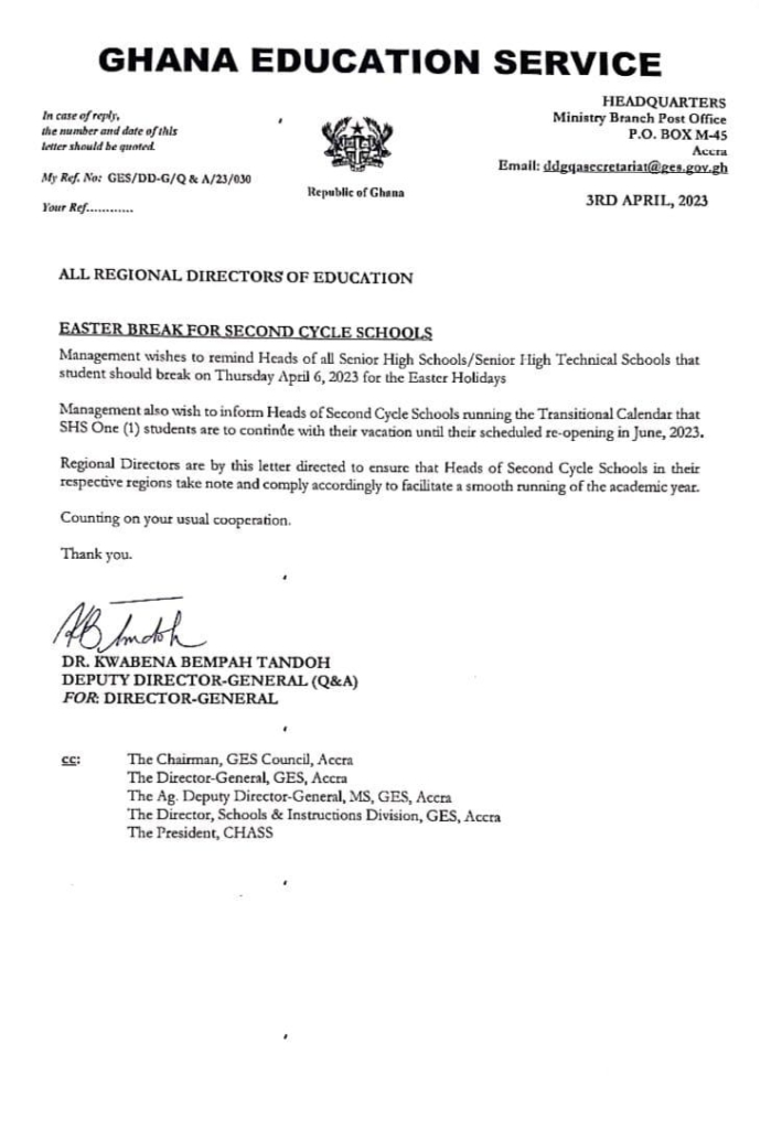 SHS 1 vacation continues till June 2023 as GES directs other year groups to observe Easter SHS 1 vacation continues till June 2023 as GES directs other year groups to observe Easter