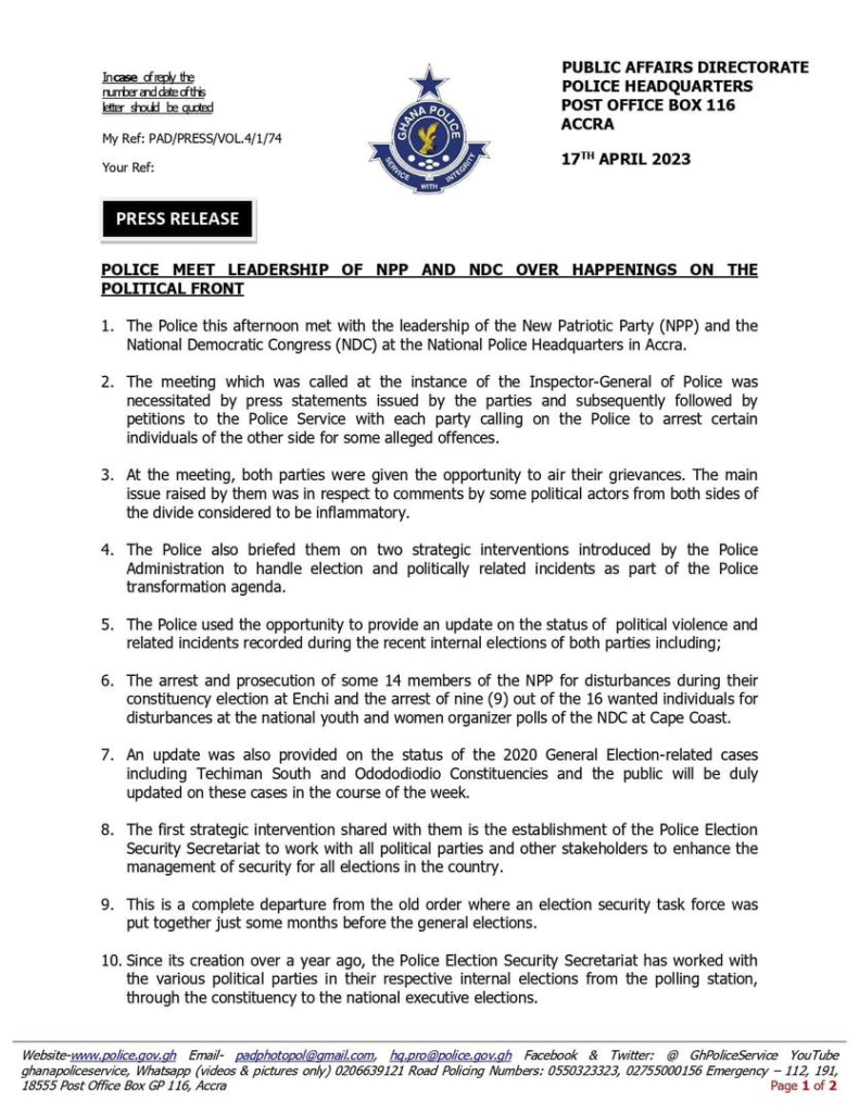 Do your politics and let us handle our policing - Police tells NPP, NDC Do your politics and let us handle our policing - Police tells NPP, NDC