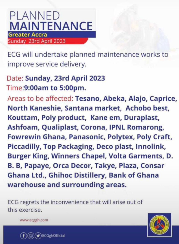 Lights in parts of Accra to go off as ECG undertakes maintenance works on Sunday