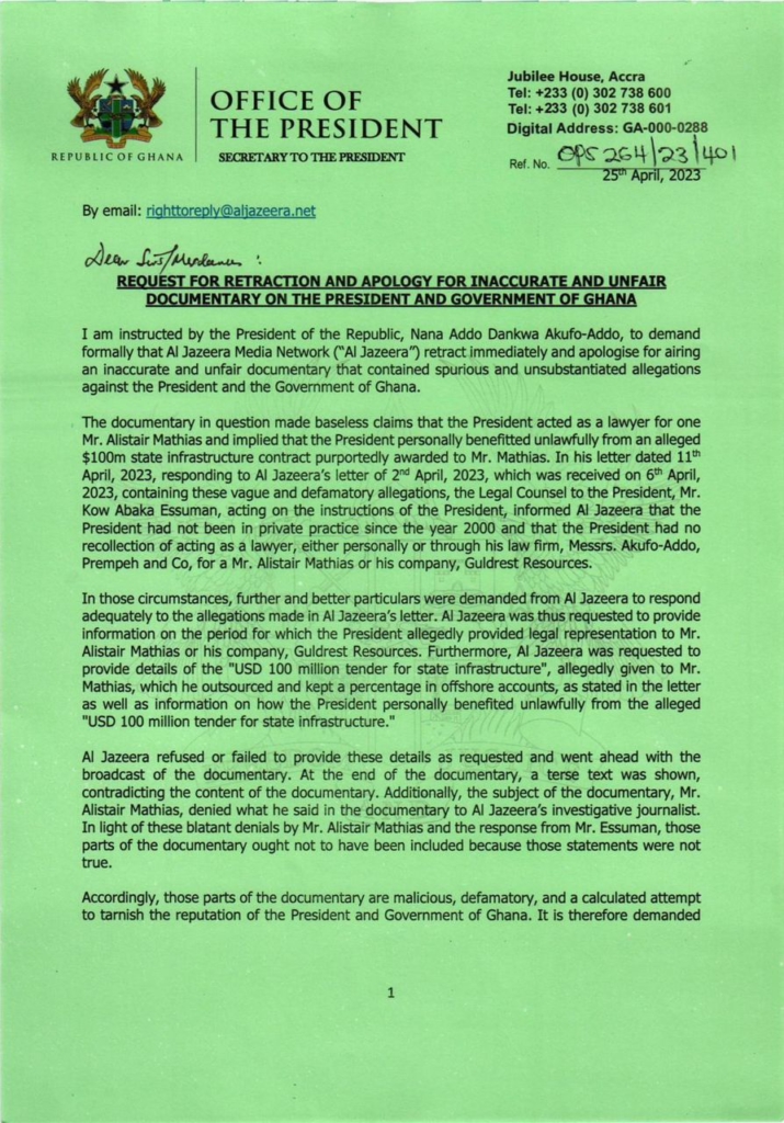 'Gold Mafia': Al Jazeera must retract and apologise to Akufo-Addo - Jubilee House 'Gold Mafia': Al Jazeera must retract and apologise to Akufo-Addo - Jubilee House