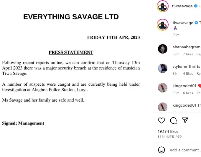 Tiwa Savage escapes alleged kidnap attempt, suspects arrested