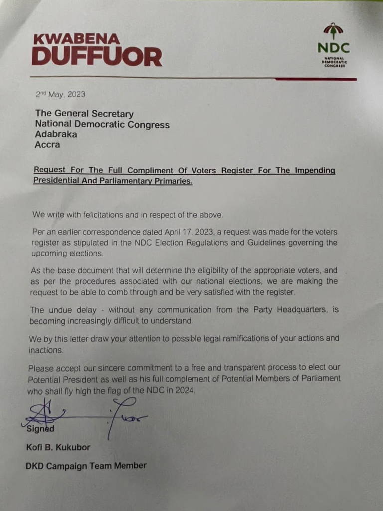 Dr Duffour yet to receive NDC's voter register says his Communication team