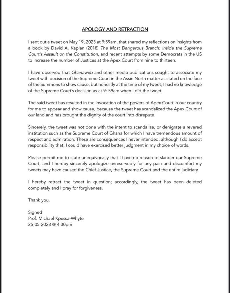 Kpessa-Whyte apologises for ‘insulting’ Supreme Court Kpessa-Whyte apologises for ‘insulting’ Supreme Court
