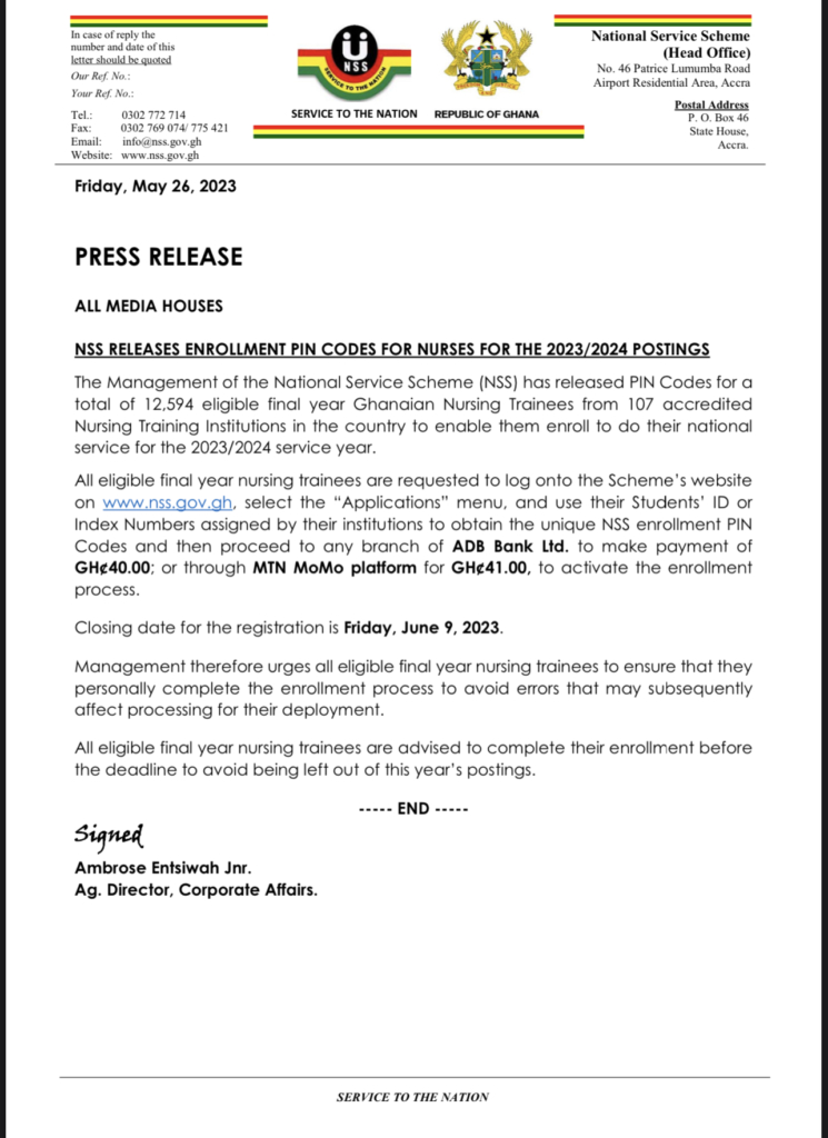 NSS releases PIN codes for 2023/24 registration for 12,594 nurses NSS releases PIN codes for 2023/24 registration for 12,594 nurses