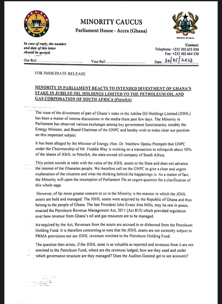 Immediately transfer shares held by JOHL to GNPC – Minority to government Immediately transfer shares held by JOHL to GNPC – Minority to government