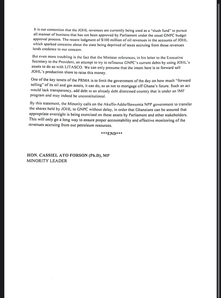 Immediately transfer shares held by JOHL to GNPC – Minority to government Immediately transfer shares held by JOHL to GNPC – Minority to government