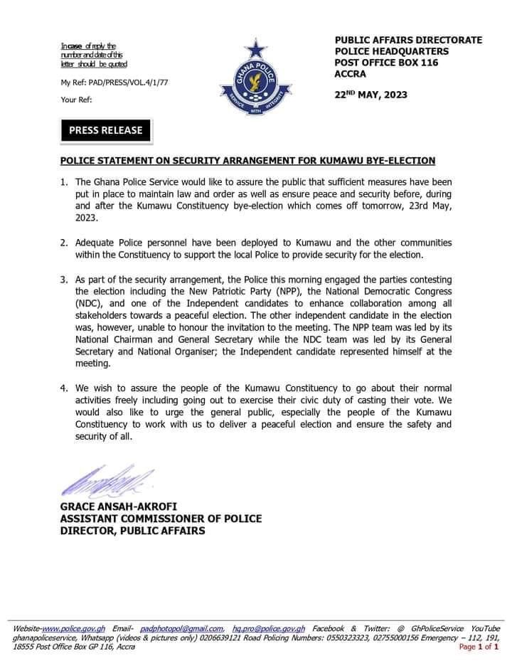 Police statement on security arrangement for the Kumawu by-election