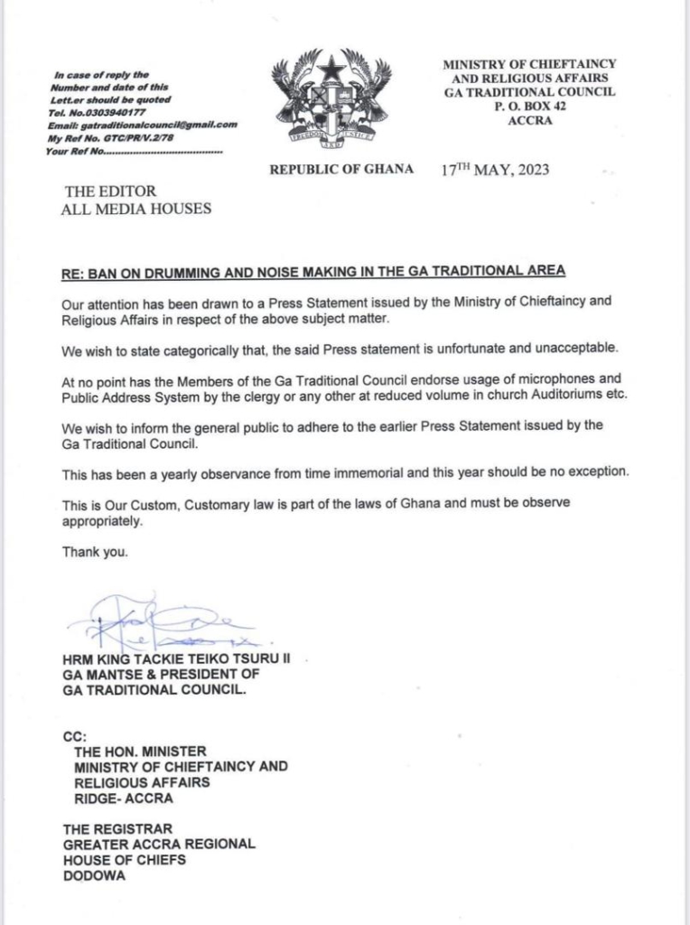 Ban on noise-making: Ignore directive from Chieftaincy Ministry - Ga Traditional Council Ban on noise-making: Ignore directive from Chieftaincy Ministry - Ga Traditional Council