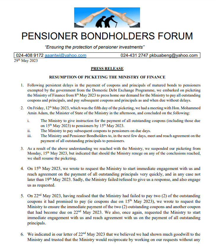 Pensioner Bondholders to resume picketing on Thursday