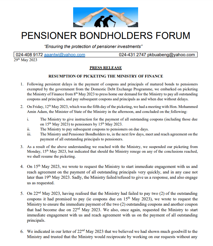 Pensioner Bondholders to resume picketing on Thursday Pensioner Bondholders to resume picketing on Thursday
