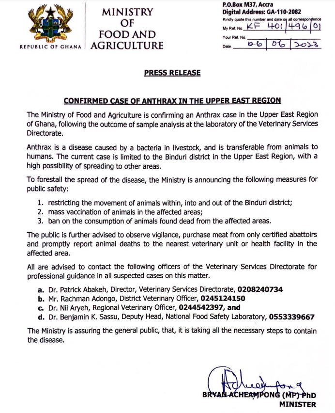 Agric Ministry confirms one case of Anthrax in Upper East region Agric Ministry confirms one case of Anthrax in Upper East region
