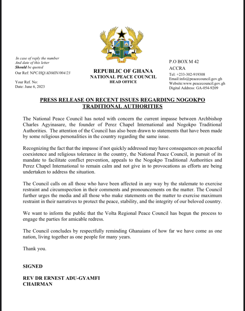 Nogokpo vs Agyinasare: National Peace Council calls for calm