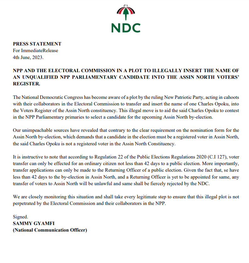 Assin North by-election: NDC accuses NPP, EC of plotting to insert an unqualified candidate's name in voters register