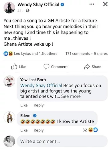 Why Wendy Shay is calling some artistes “thieves”