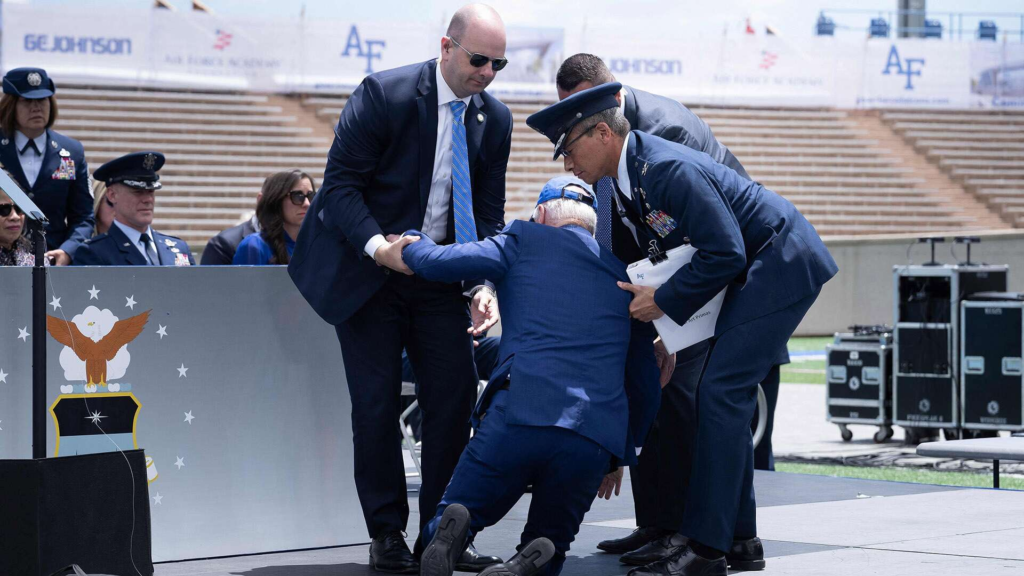 US President Joe Biden trips and falls at Colorado event