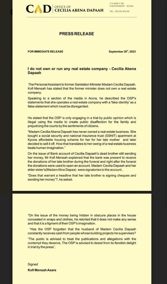 Cecilia Dapaah has never owned a real estate business - PA rubbishes claims by OSP Cecilia Dapaah has never owned a real estate business - PA rubbishes claims by OSP
