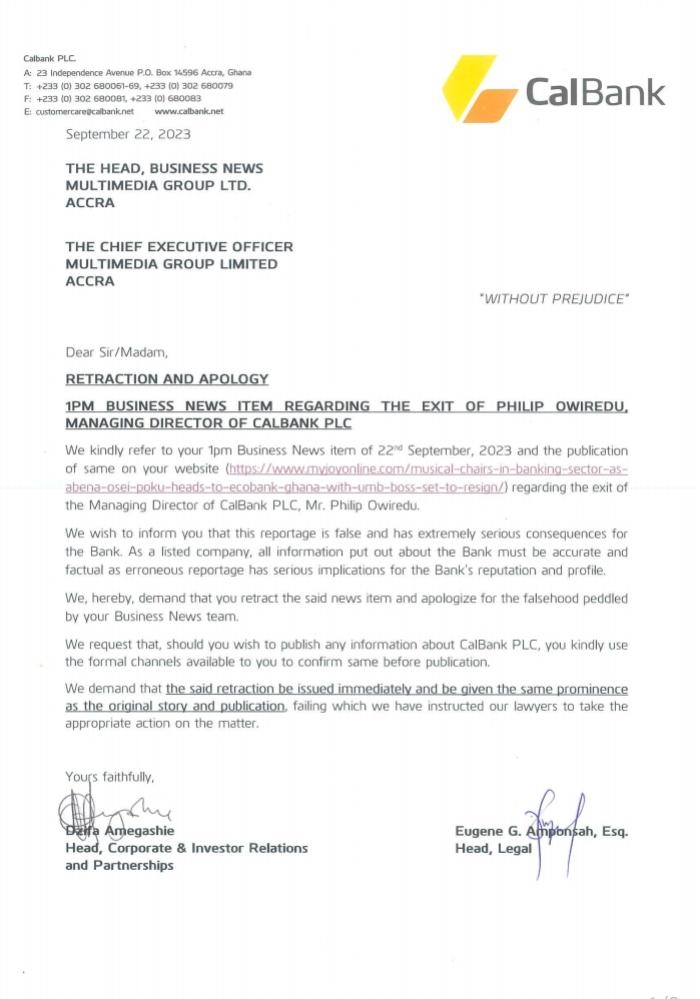 CalBank denies MD exit CalBank denies MD exit