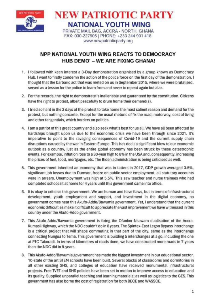 NPP National Youth Wing commends government development efforts amid demonstration
