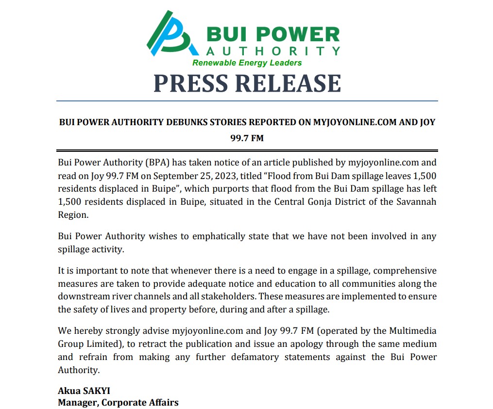 Bui Power Authority denies spilling dam