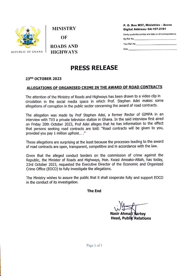 We don't pay bribe to secure contracts - Road contractors reject Prof Adei’s bribery claim