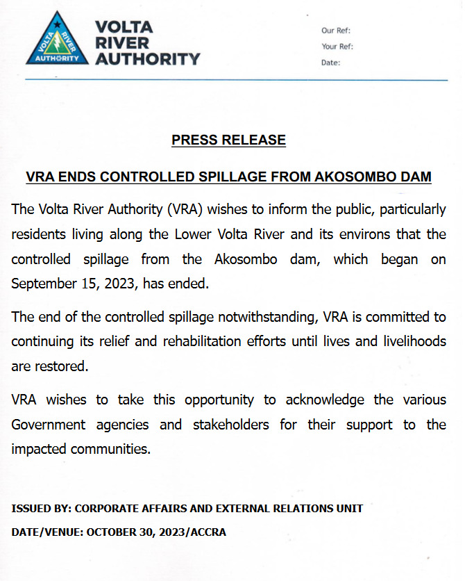 VRA ends spillage of Akosombo Dam