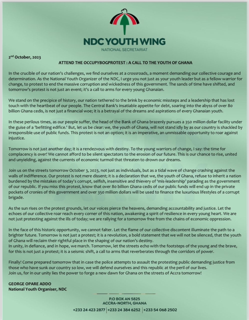 NDC youth wing calls on Ghanaian youth to join #OccupyBoG protest 2 WhatsApp Image 2023 10 02 at 4.50.15 PM
