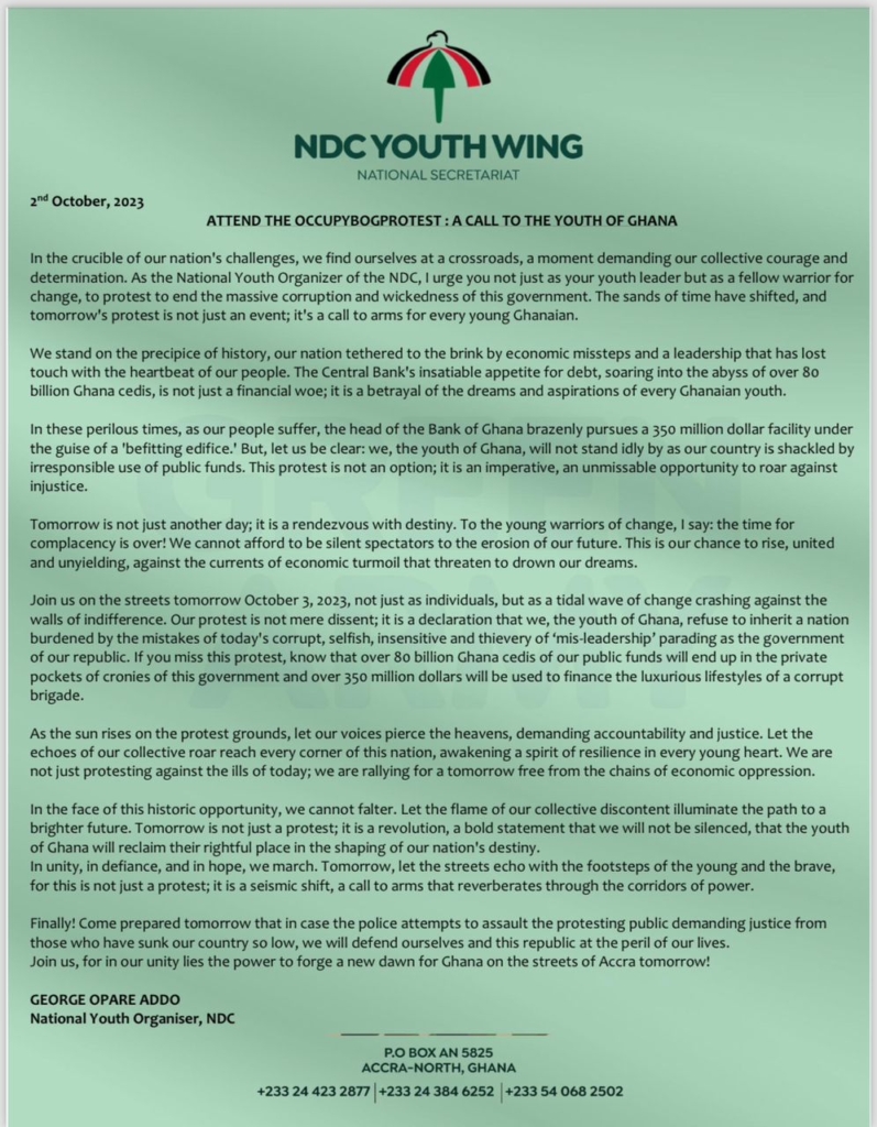 NDC youth wing calls on Ghanaian youth to join #OccupyBoG protest