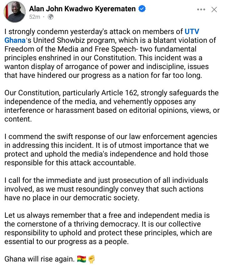 Attack on UTV a blatant violation of free speech, freedom of the media - Alan Kyerematen
