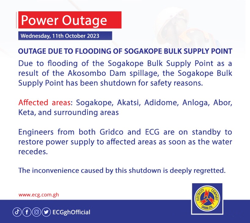 ECG announces power outage after flooding of Sogakope Bulk Supply point