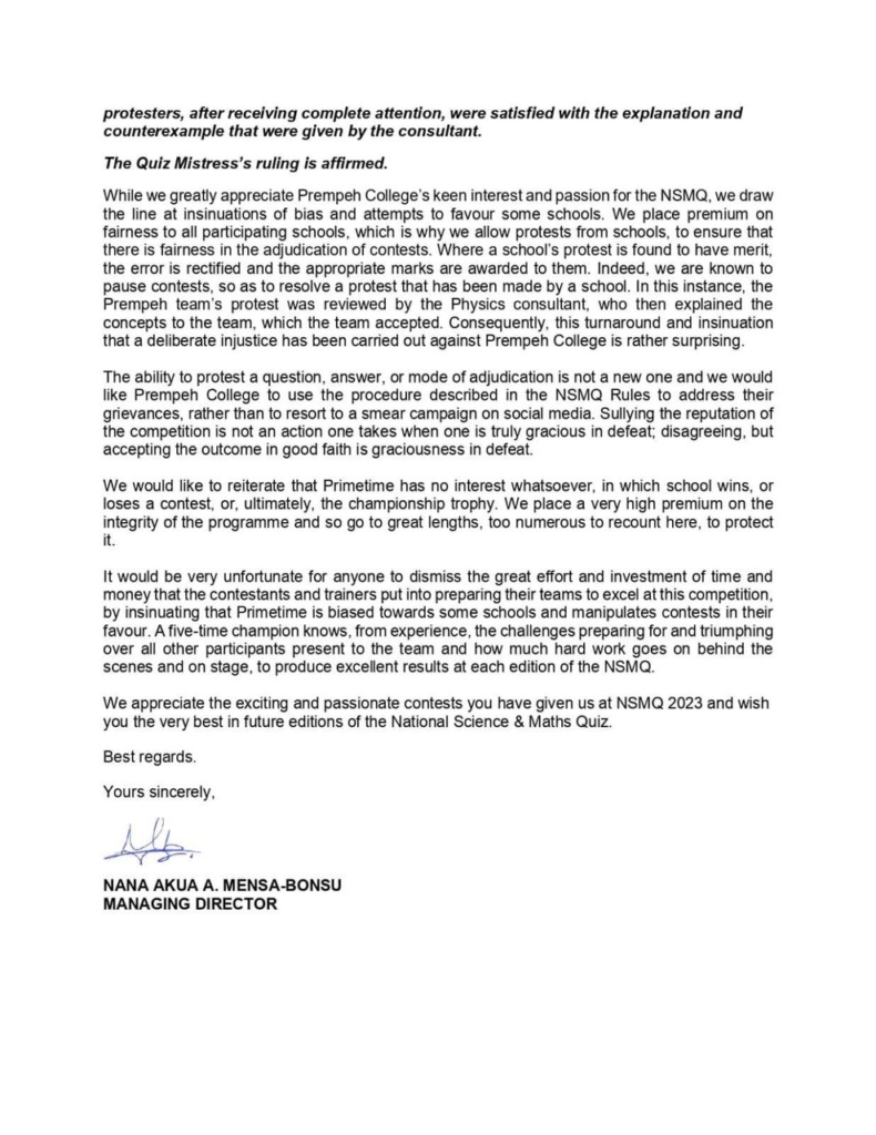 NSMQ 2023: Primetime Limited responds to Prempeh College's protest in semi finals
