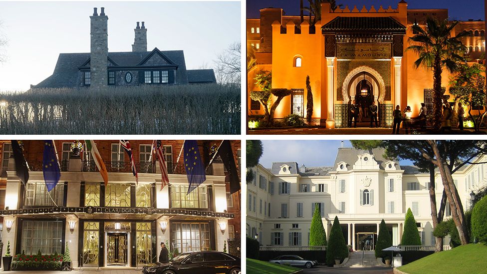 A composite image showing Mike Jeffries Hamptons home, La Mamounia in Morocco, Claridge's in London and the Hotel du Cap-Eden-Roc in the south of France