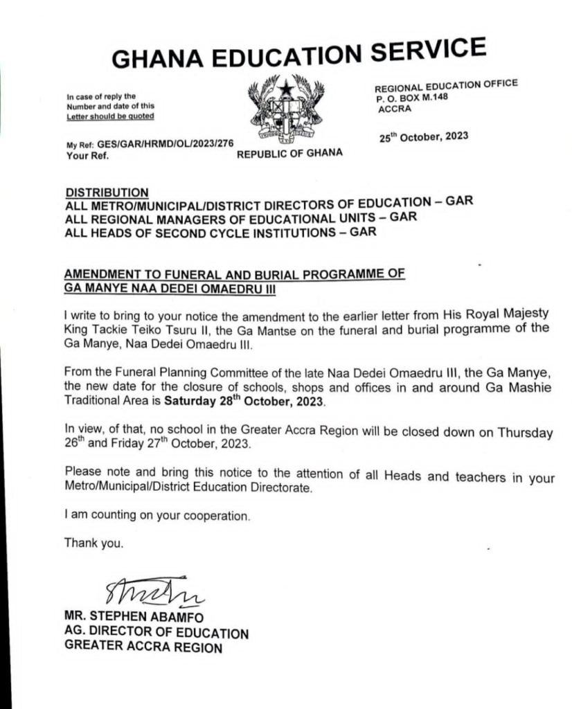Schools in Accra will stay open on Friday - GES on Ga Manye’s funeral