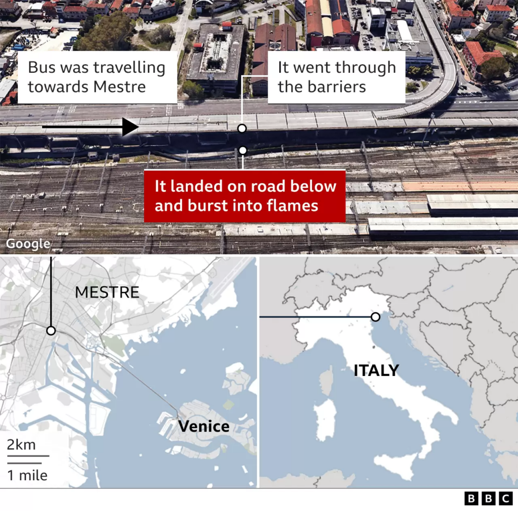 Venice tourist bus plunges from bridge, killing 21