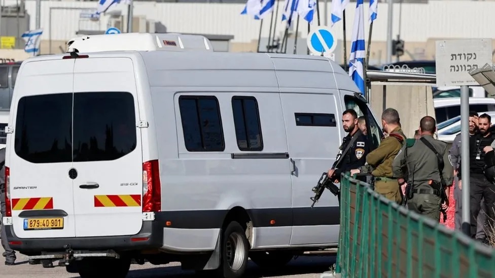 A van carrying Palestinian detainees arrives at the Israeli military prison Ofer in the Israeli occupied West Bank