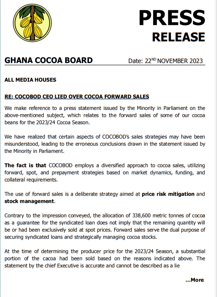 Mahama got it wrong; our CEO was accurate - COCOBOD replies Minority