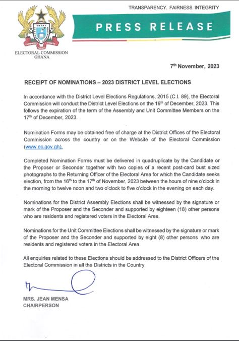EC opens nominations for District Level Elections