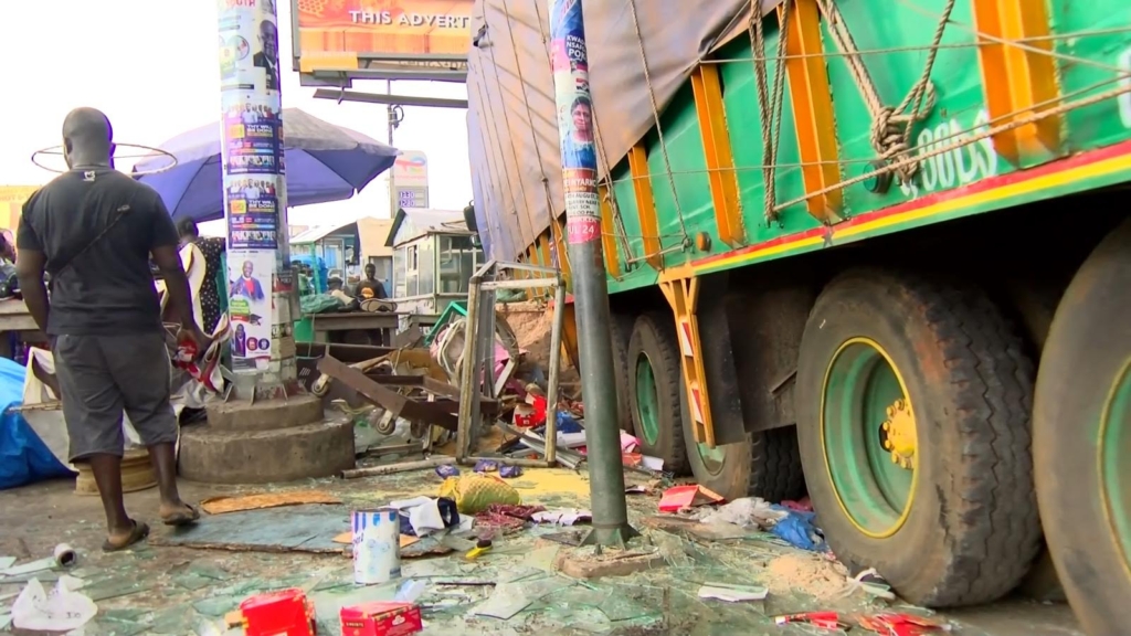 Heavy-duty truck crashes into stalls at Anloga Junction, injures 7-month old baby